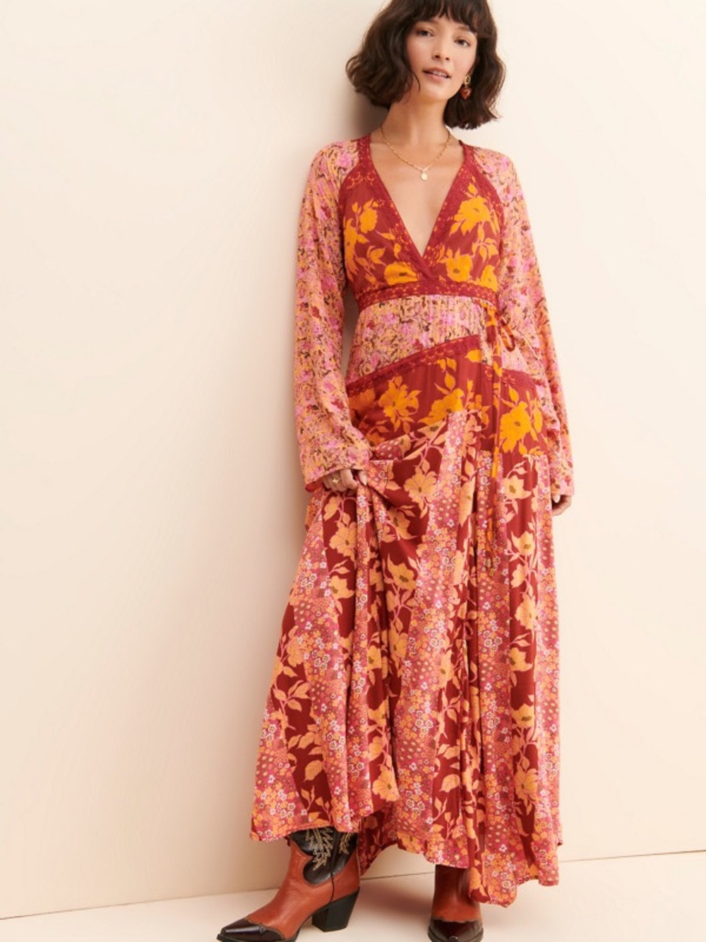 Free People Bohemian Floral Wrap Dress in Pink, Burgundy & Yellow - Picture 2 of 3